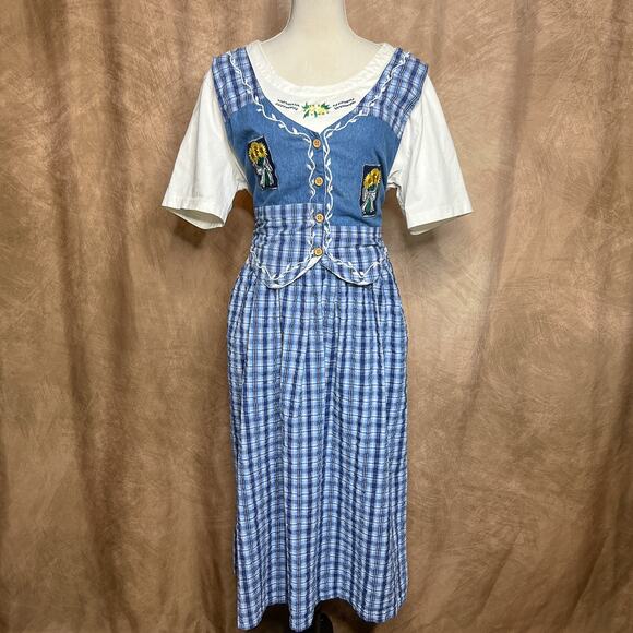 Vintage 90s Country Wear Denim Vest Maxi Dress Floral Embroidered Plaid Cottage - Picture 11 of 11